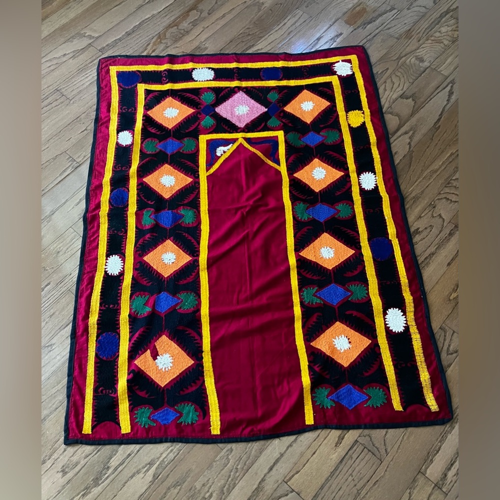 Suzane embroidered with cotton threads on cotton red fabric, hand made